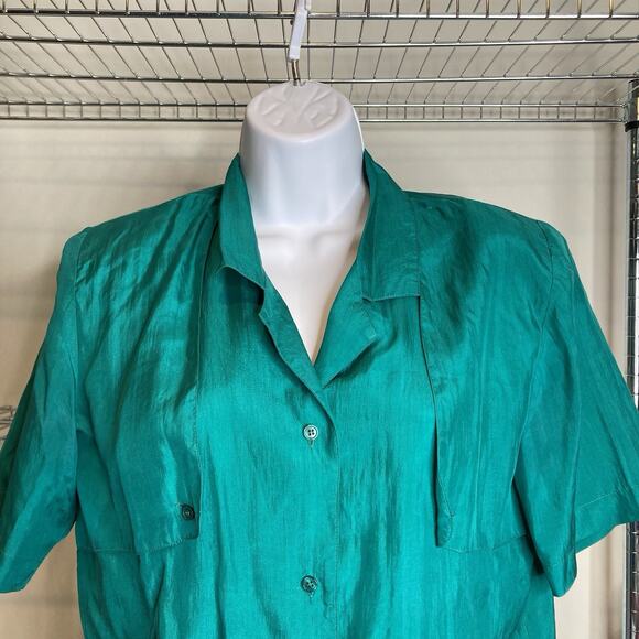 Vintage Queenie Womens Green Silk Short Sleeve Button Up Shirt Size S Secretary - Picture 6 of 10